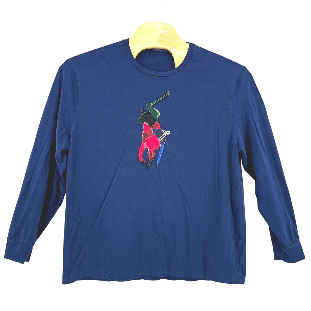 Polo Ralph Lauren Mens XL Navy Blue Long Sleeve Big Pony Patchwork Logo T-Shirt
